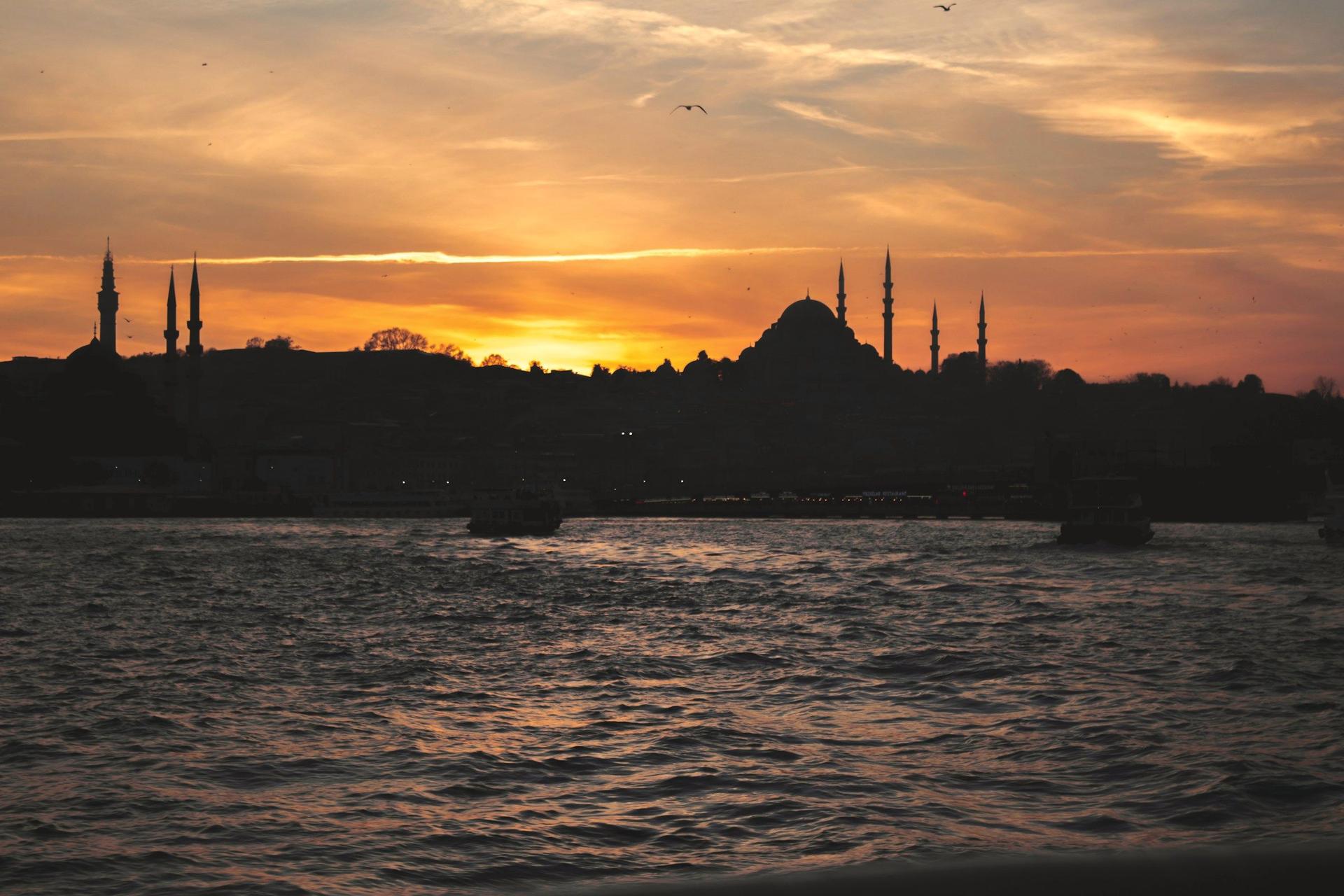 Istanbul skyline at sunset: mosques seen across the Golden Horn